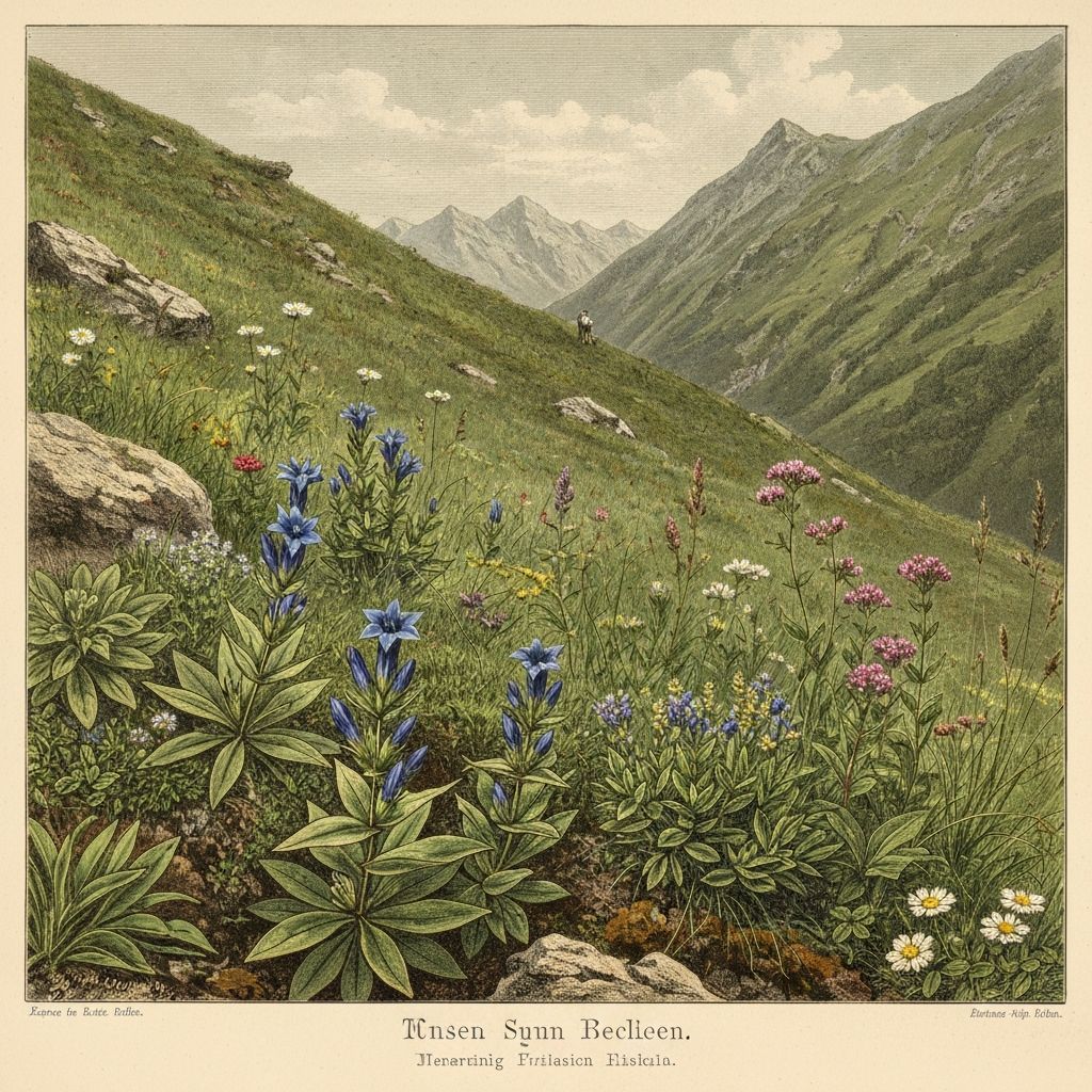 Alpine herbs in natural mountain habitat
